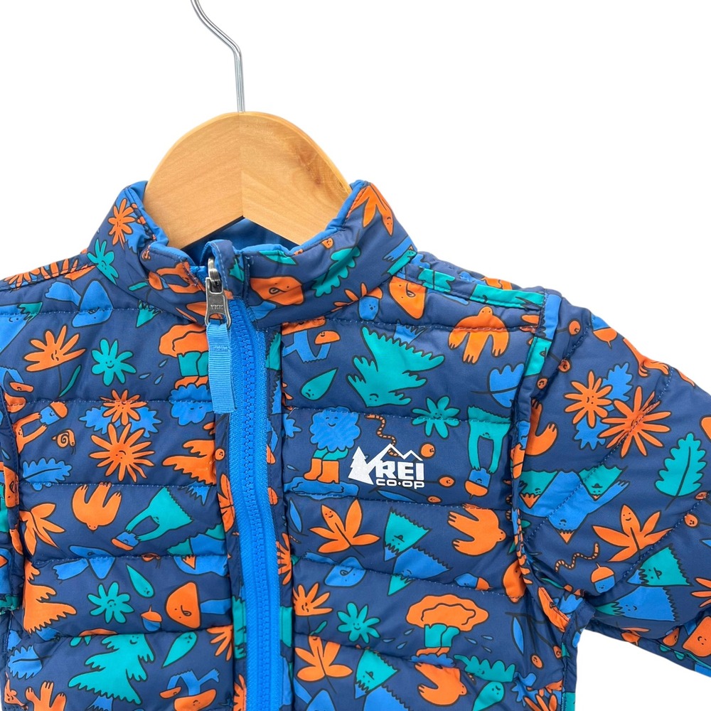 REI Co-op 650 Down Reversible Puffer Jacket Blue Whimsical Print Infant 18M